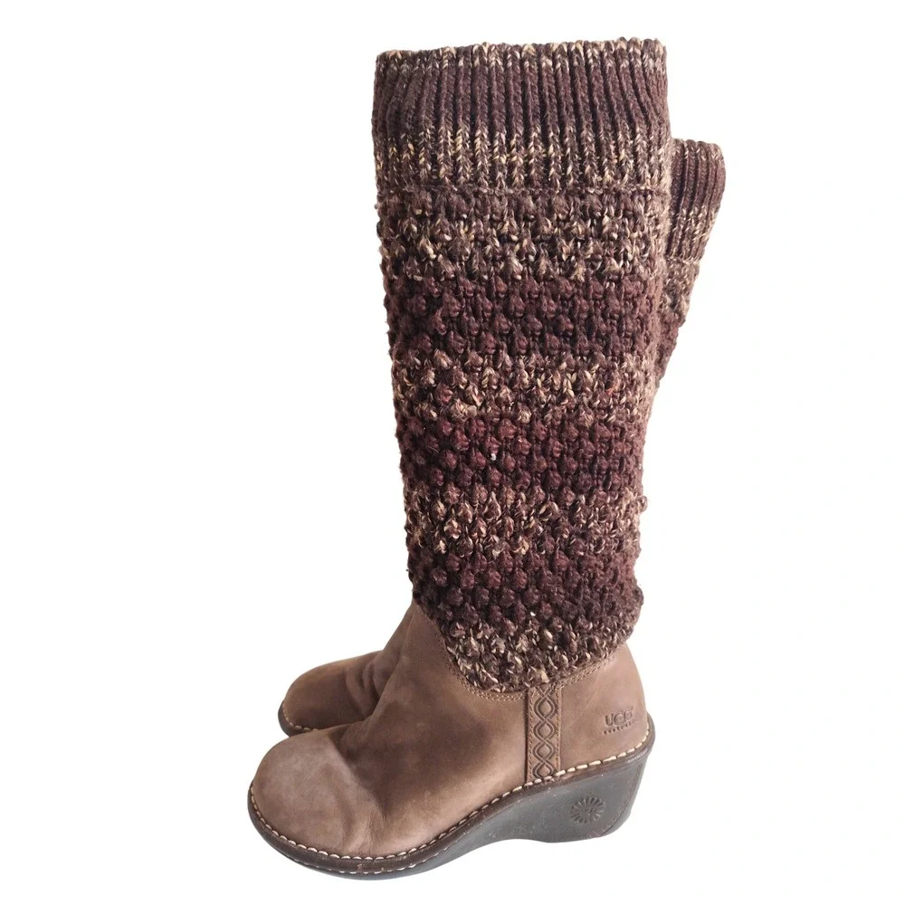 Ugg Boots Knee High Size 6 Cresthaven Knit Shaft Wedge Winter Brown Leather Boho - Picture 4 of 9